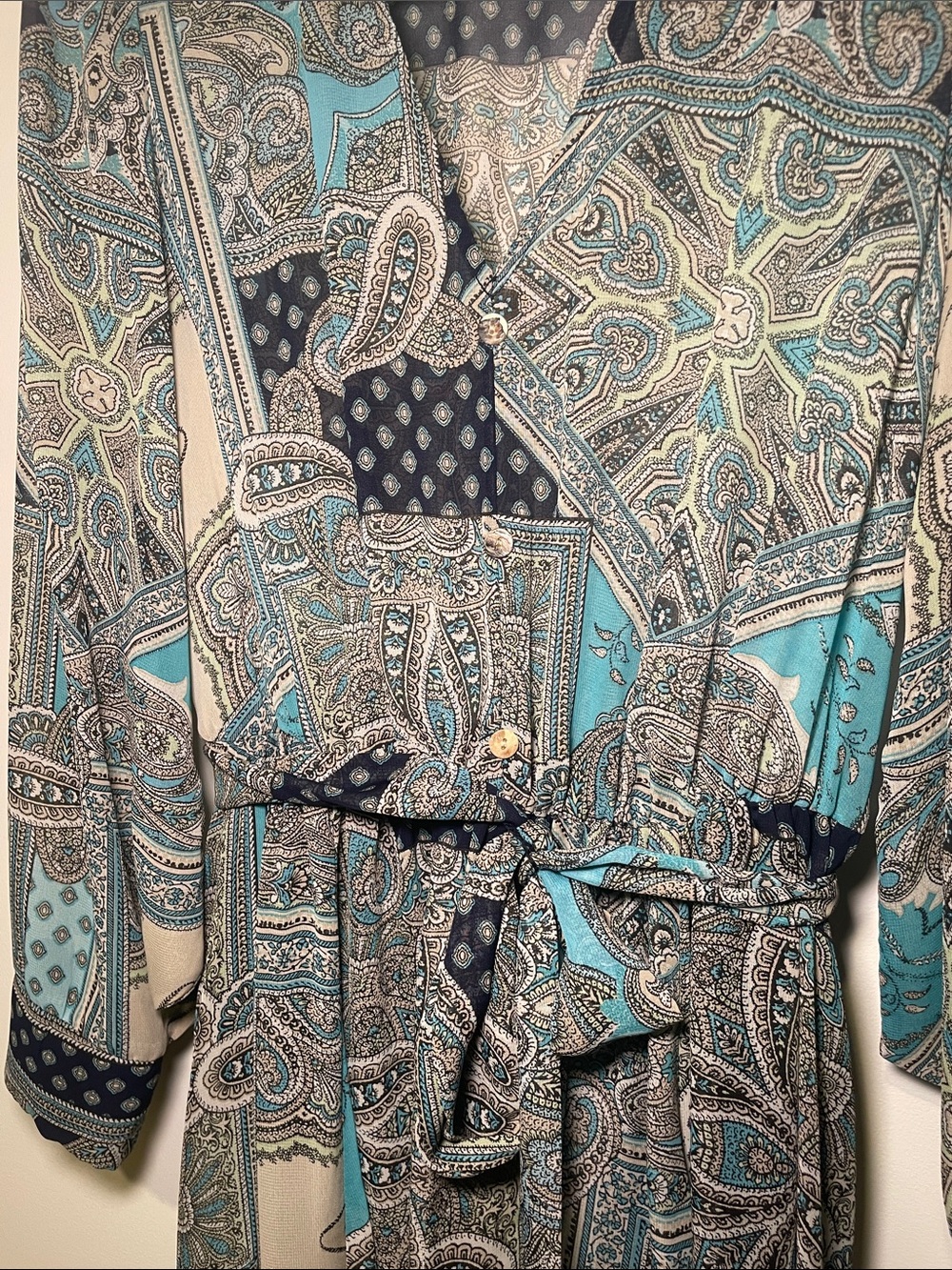 NWOT - KATE AND LILY - Maxi Dress Long Sleeve Paisley Teal/Navy Waist Tie - Picture 3 of 7